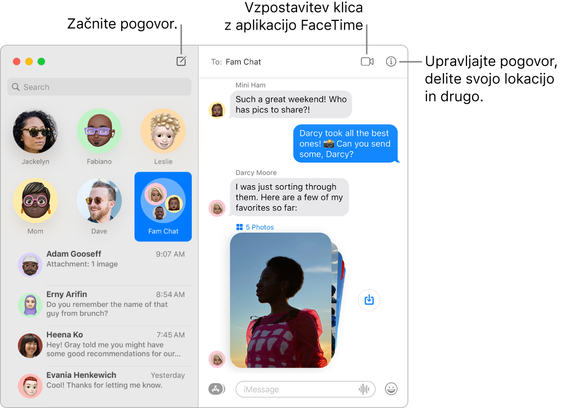 Okno aplikacije Messages, v katerem je prikazano, kako začeti pogovor in kako vzpostaviti klic FaceTime.