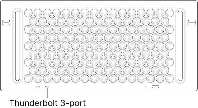 Ovansidan av Mac Pro där det pekas ut vilken Thunderbolt 3-port som ska användas.