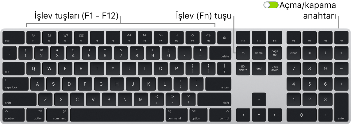 Klavyenin sol alt köşesinde İşlev (Fn) tuşunu ve sağ üst köşesinde açma/kapama anahtarını gösteren Magic Keyboard.