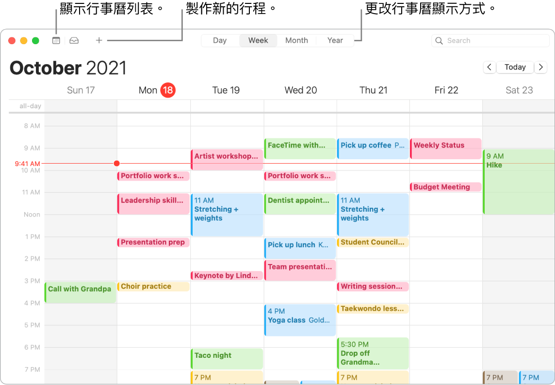 「行事曆」視窗，其中顯示如何製作行程、顯示行事曆列表，以及選擇「日」、「週」、「月」和「年」的顯示方式。