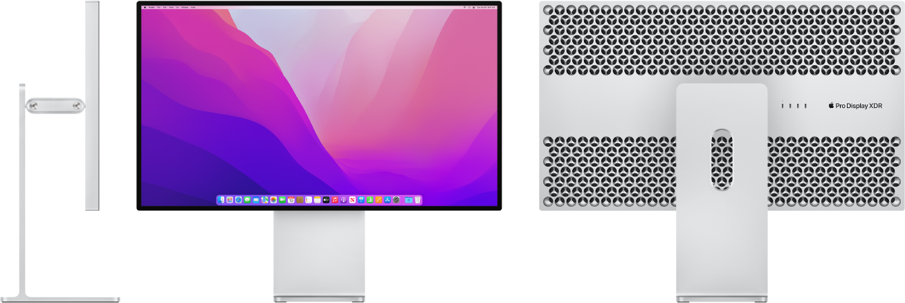 Vista lateral, frontal y trasera del monitor Pro Display XDR sobre la base Pro Stand.
