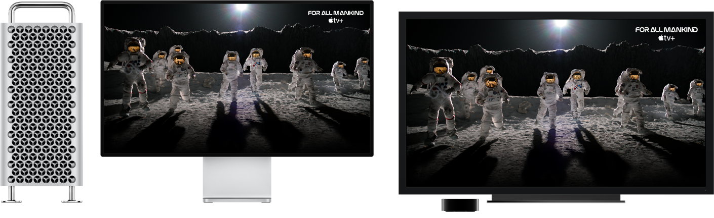 Mac Pro s obsahem zrcadleným přes Apple TV na velkém HD televizoru