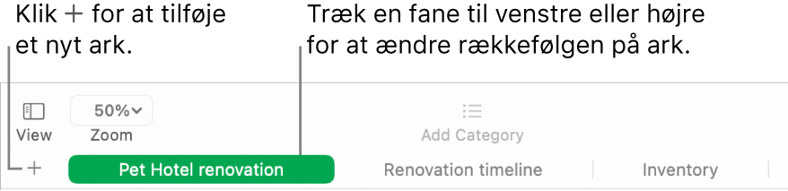 Et Numbers-vindue, der viser, hvordan du tilføjer et nyt ark og flytter rundt på ark.