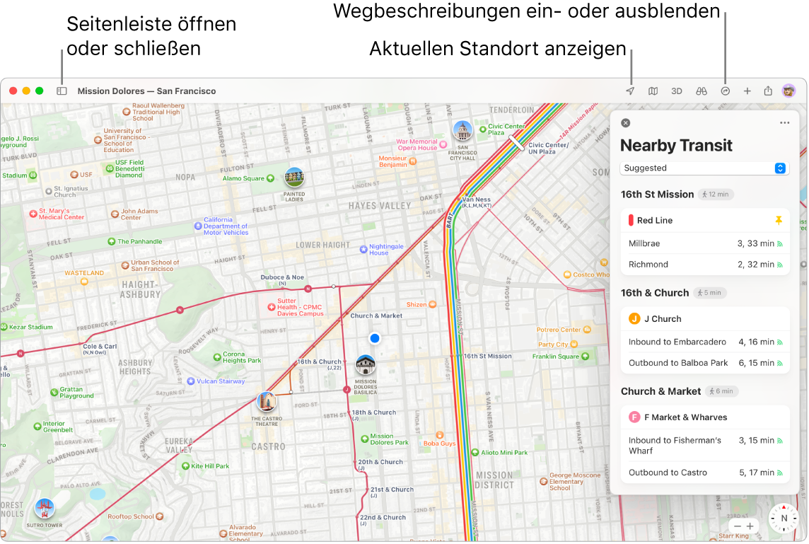 Ein Fenster der App „Karten“ mit Informationen zum Anzeigen von Routen durch Klicken auf ein Ziel in der Seitenleiste, zum Öffnen und Schließen der Seitenleiste und Bestimmen deines aktuellen Standorts auf der Karte.