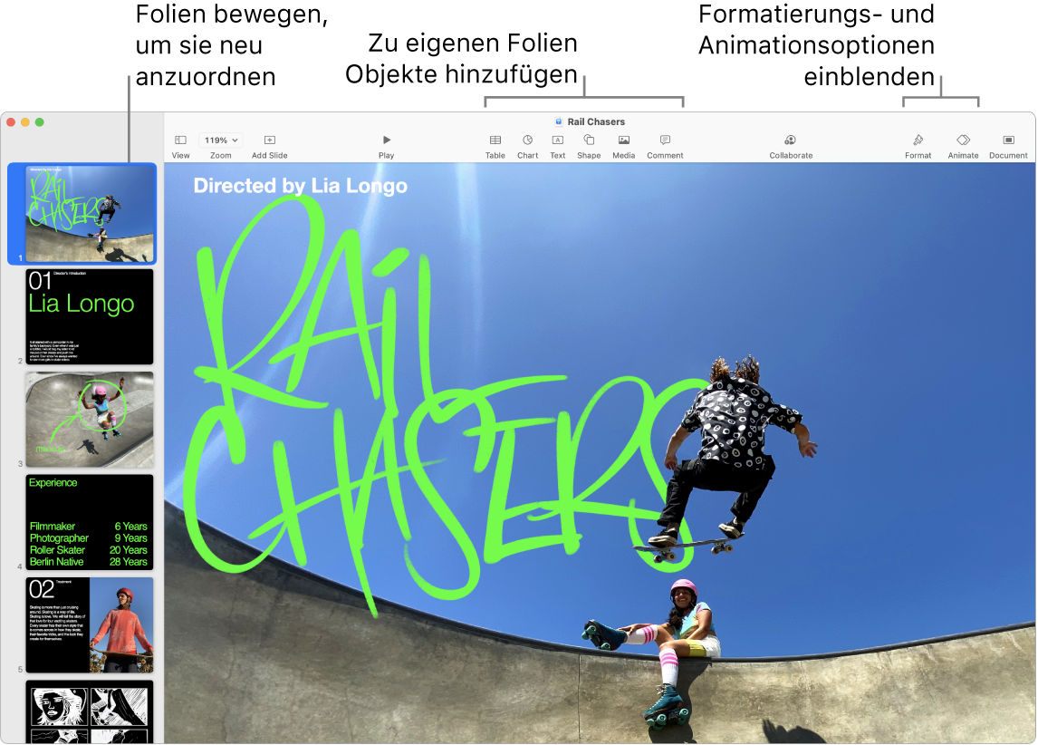 Ein Keynote-Fenster mit dem Foliennavigator links und Informationen zum Neuanordnen von Folien, der Symbolleiste und die Bearbeitungswerkzeugen oben, der Taste „Zusammenarbeiten“ oben rechts und den Tasten „Format“, „Animieren“ und „Dokument“ rechts.