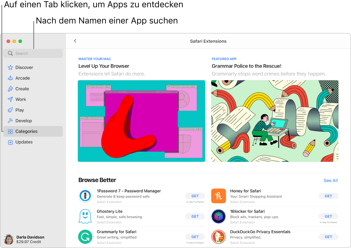 Das App Store-Fenster zeigt das Suchfeld und eine Seite mit Safari-Erweiterungen.