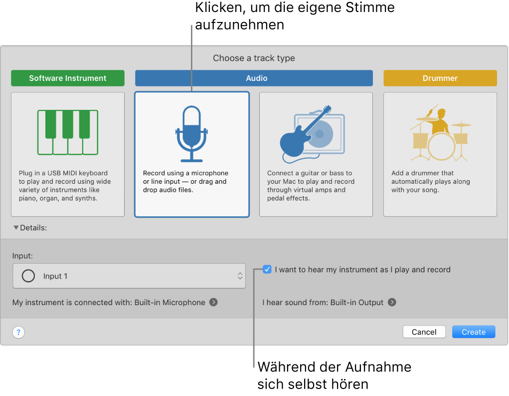 GarageBand-Instrumentbereich mit Taste zur Stimmaufzeichnung und Wiedergabe während der Aufnahme