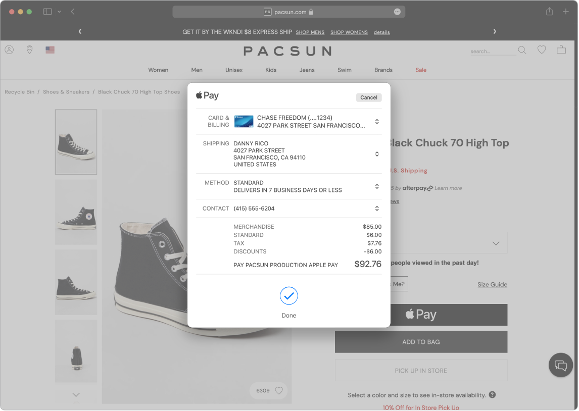 Ein Mac-Bildschirm mit einem mit der Option „Apple Pay“ getätigten Online-Kauf in Safari