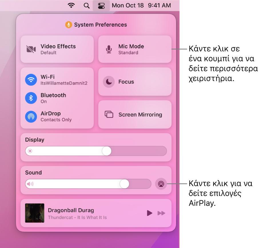 Μεγεθυμένη προβολή του Κέντρου ελέγχου στο Mac.
