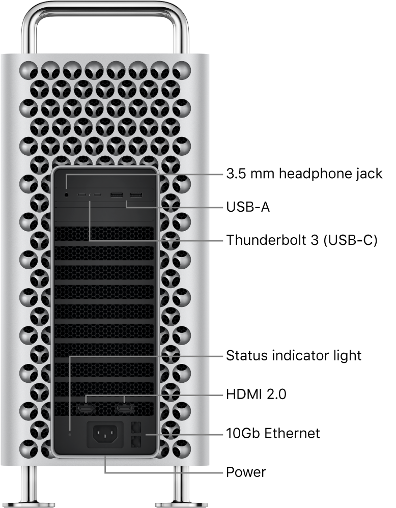 A side view of Mac Pro showing the 3.5 mm headphone jack, two USB-A ports, two Thunderbolt 3 (USB-C) ports, a status indicator light, two HDMI 2.0 ports, two 10 Gigabit Ethernet ports, and Power port.