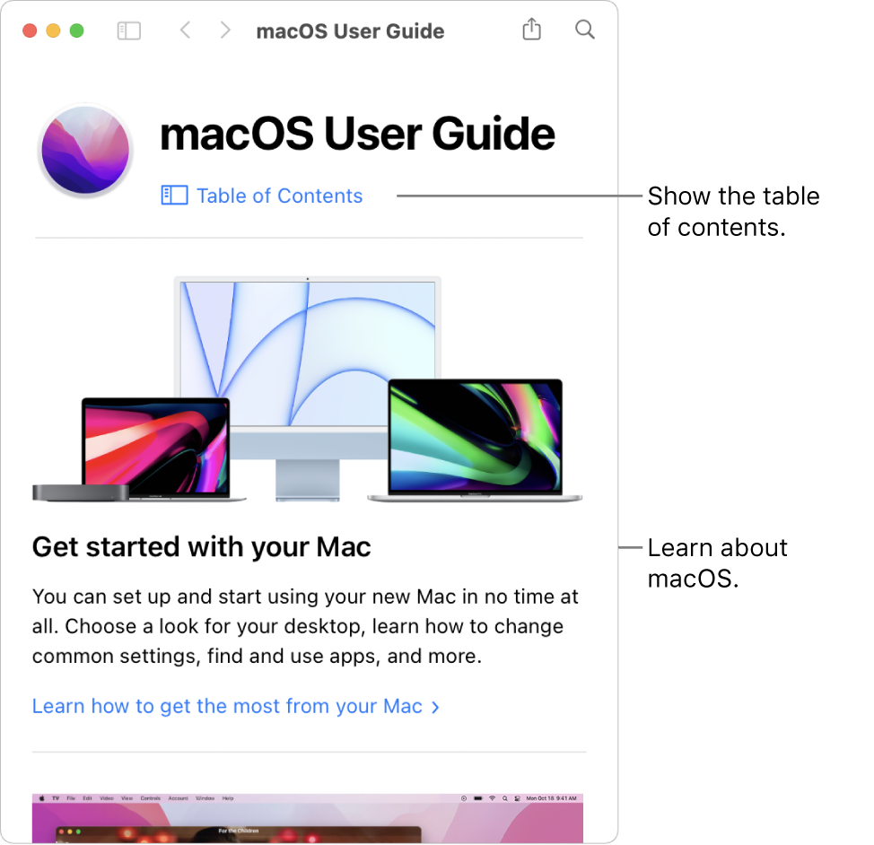 The macOS User Guide welcome page showing the Table of Contents link.