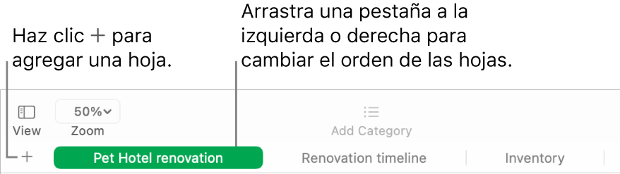 Ventana de Numbers mostrando cómo agregar una hoja nueva y cómo cambiar el orden de las hojas.