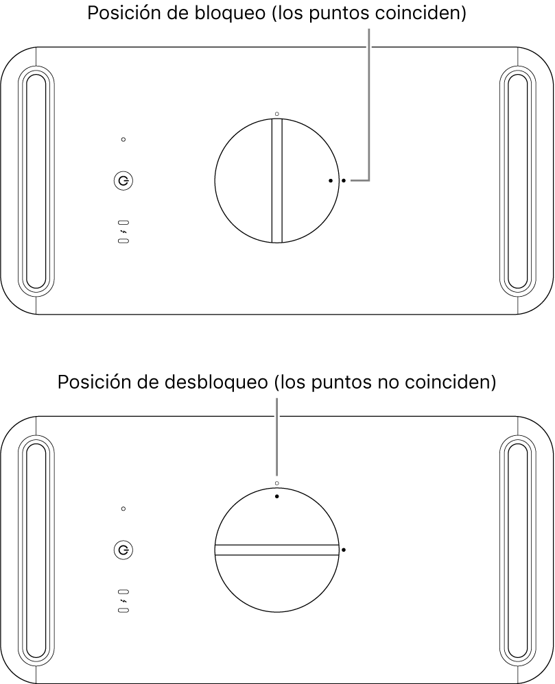 Parte superior de la carcasa del ordenador donde se muestra el cierre en posición de bloqueo y de desbloqueo.