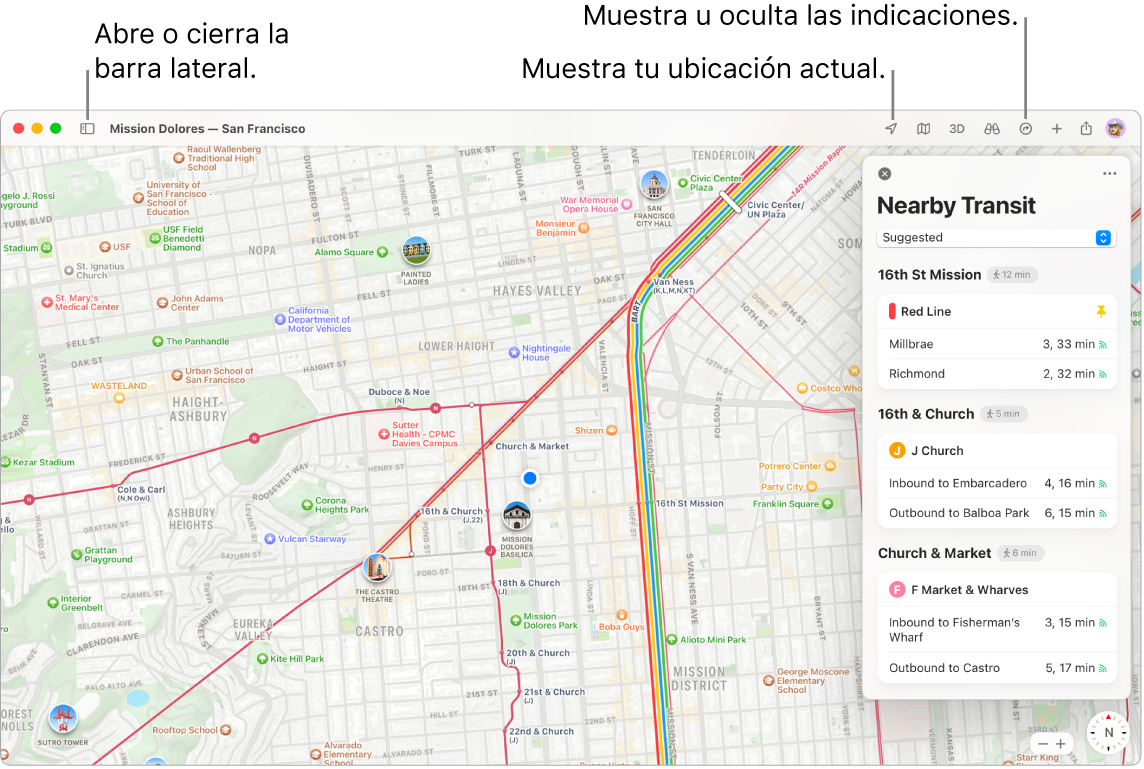 Una ventana de Mapas que muestra cómo obtener rutas haciendo clic en un destino en la barra lateral, cómo abrir o cerrar la barra lateral, y cómo buscar tu ubicación actual en el mapa.