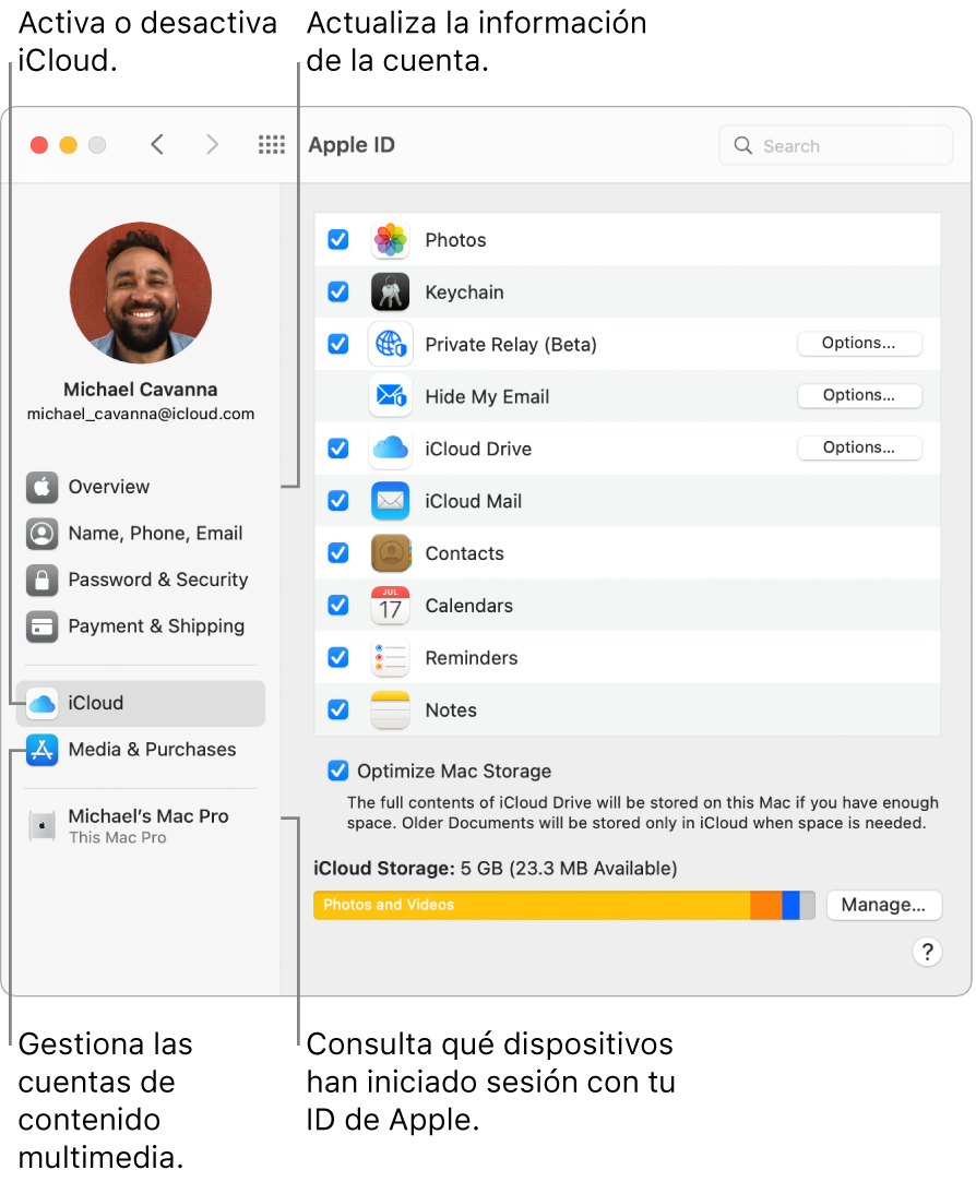 El panel ID de Apple de Preferencias del Sistema. Haz clic en un ítem de la barra lateral para actualizar la información de tu cuenta, activar o desactivar iCloud, gestionar tus cuentas de redes sociales y ver todos los dispositivos que han iniciado sesión con tu ID de Apple.