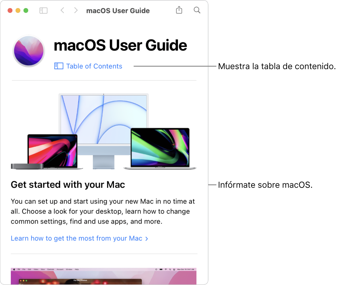 Página de bienvenida del Manual de uso de macOS con el enlace de la tabla de contenido.