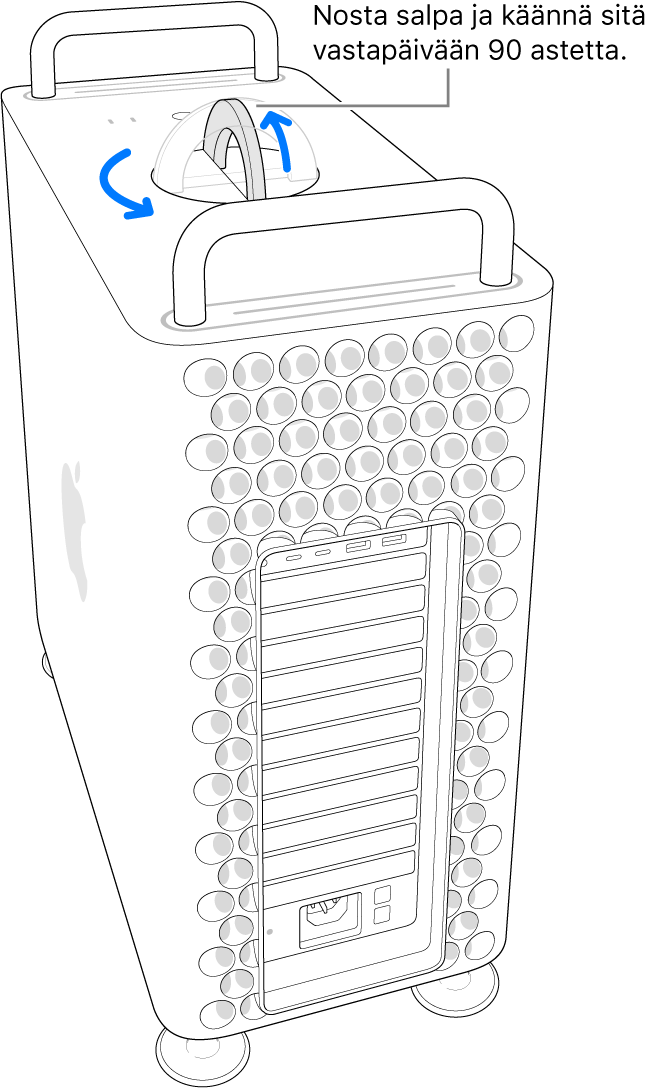 Tietokoneen kotelon poistamisen ensimmäinen vaihe, jossa nostetaan salpa ja käännetään sitä 90 astetta.