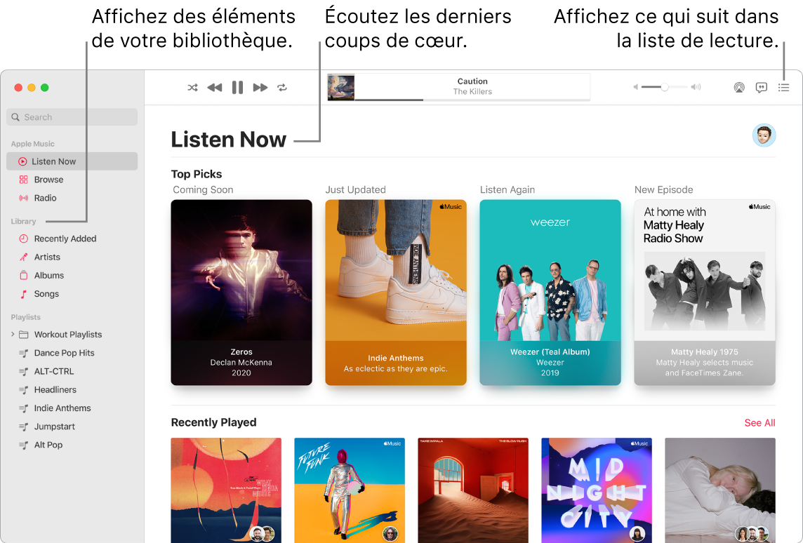 La fenêtre de l’app Musique indiquant comment afficher votre bibliothèque, écouter Apple Music et voir le prochain morceau.