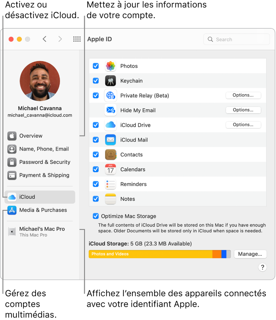 La sous-fenêtre « Identifiant Apple » de « Préférences Système ». Cliquez sur un élément de la barre latérale pour mettre à jour les données de votre compte, activer ou désactiver iCloud, gérer les comptes multimédias et voir tous les appareils connectés avec votre identifiant Apple.