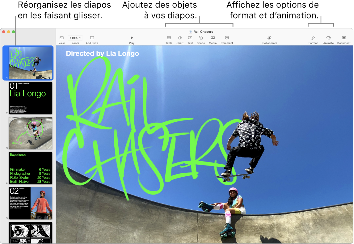 Fenêtre de Keynote affichant le navigateur de diapositives sur la gauche et comment réorganiser les diapositives, la barre d’outils et les outils d’édition en haut, le bouton Collaborer en haut à droite, et les boutons Format, Animer et Document sur la droite.