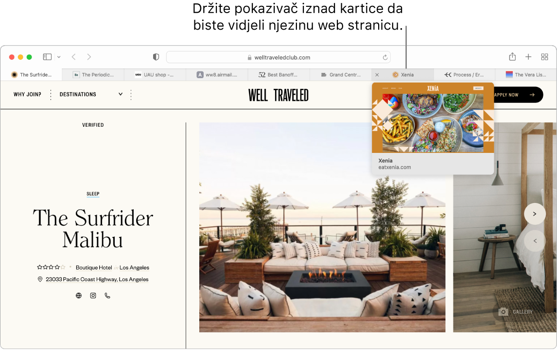 Prozor aplikacije Safari s aktivnom web stranicom naziva “Svjetski putnik”, zajedno s devet dodatnih kartica i oblačićem do pregleda kartice “Grand Central Market” s tekstom “Držite pokazivač iznad kartice za prikaz pregleda web stranice”.