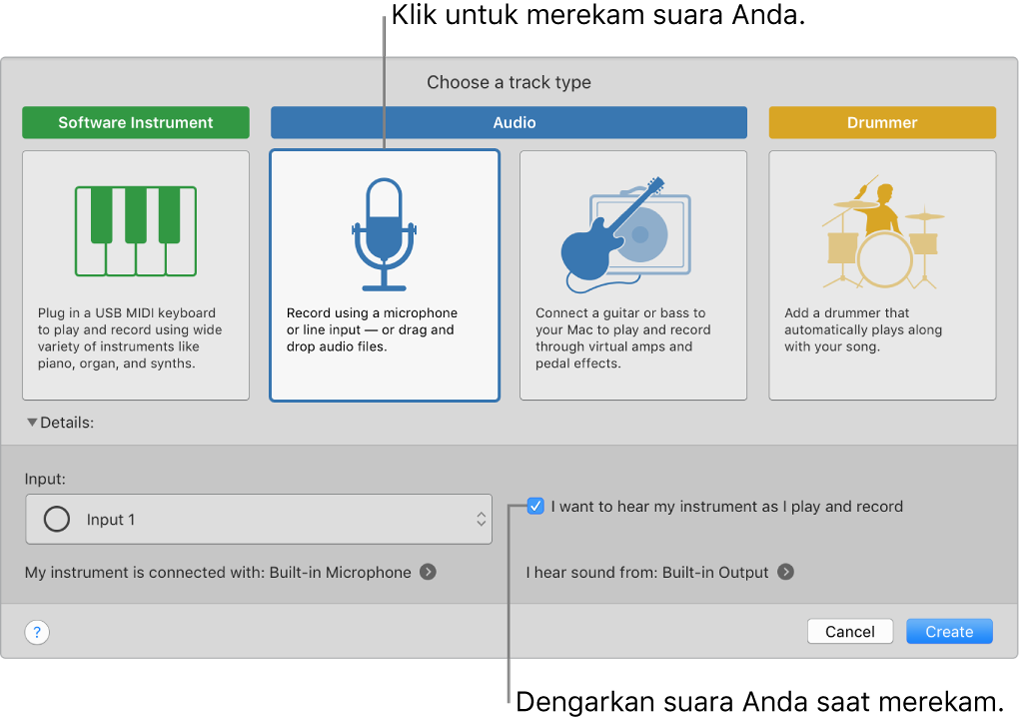 Panel instrumen GarageBand menampilkan tempat Anda mengeklik untuk merekam suara dan cara mendengarkan suara Anda sendiri saat merekam.