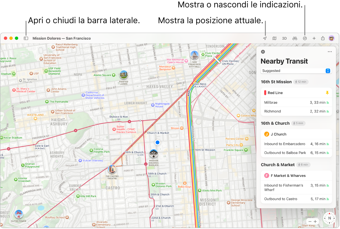 Una finestra di Mappe che mostra come ottenere indicazioni facendo clic su una destinazione nella barra laterale, come aprire o chiudere la barra laterale e come trovare la tua posizione attuale sulla mappa.