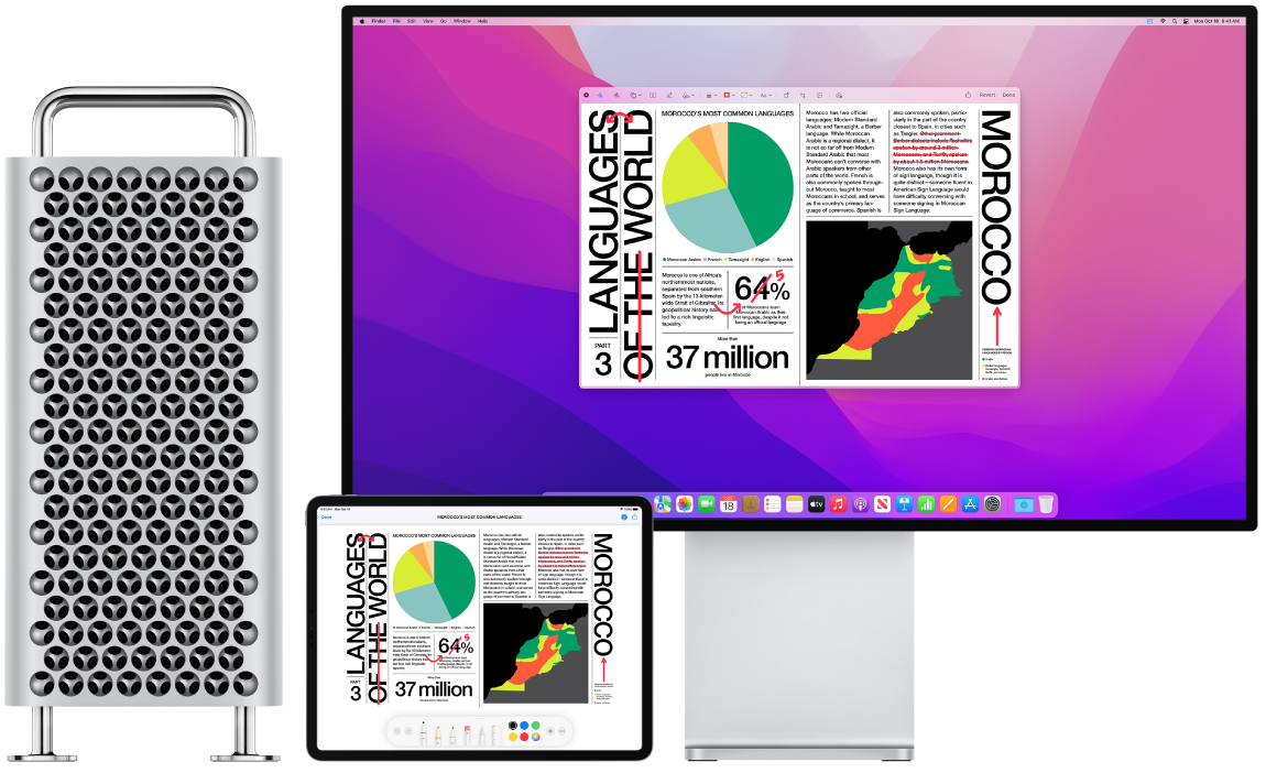 Mac Pro e iPad uno accanto all'altro. Entrambi gli schermi mostrano un articolo con modifiche disegnate in rosso, come frasi cancellate, frecce e parole aggiunte. iPad mostra i controlli di modifica nella parte inferiore dello schermo.