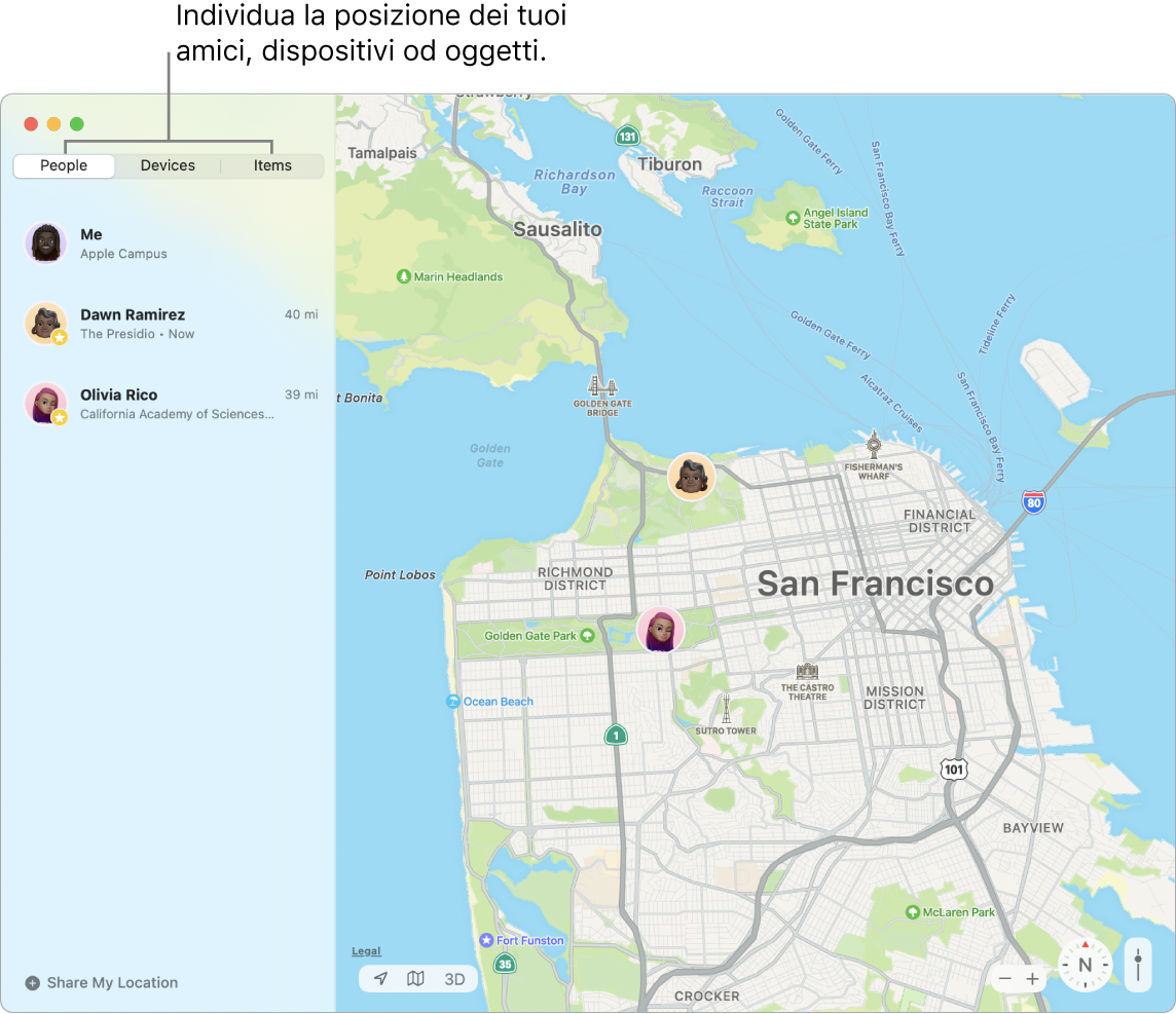 Il pannello Persone selezionato sulla sinistra e una mappa di San Francisco a destra con la posizione di tre amici.