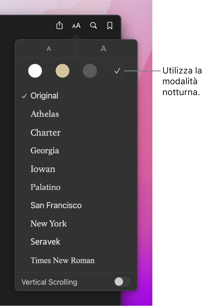 Immagine di una finestra di Libri in cui è visualizzato il menu Aspetto.