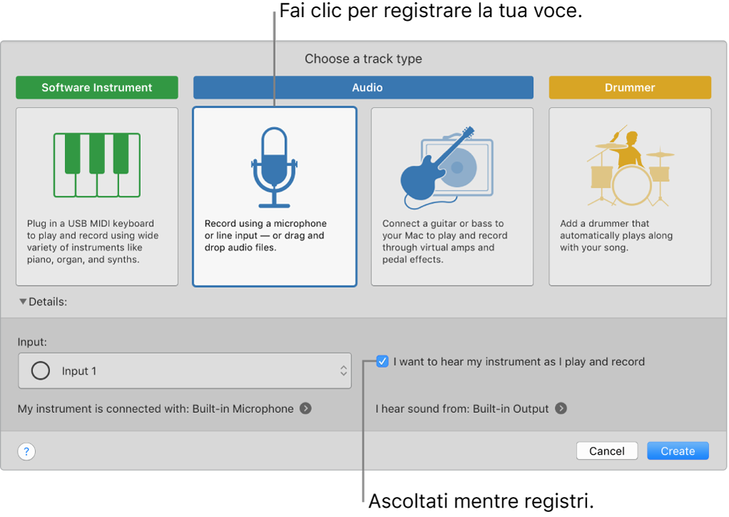 Il pannello degli strumenti di GarageBand che mostra dove fare clic per registrare una voce e come riascoltarsi durante la registrazione.