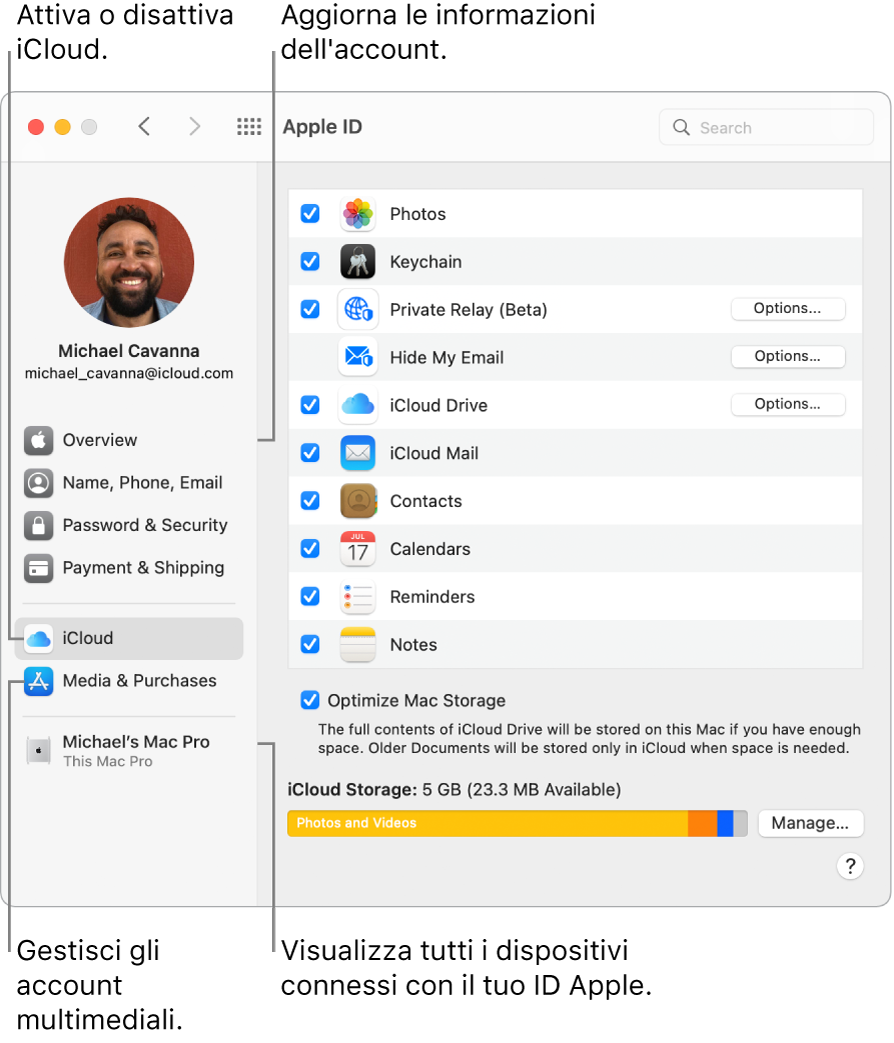 Il pannello Apple ID di Preferenze di Sistema. Fai clic su un elemento nella barra laterale per aggiornare le informazioni dell'account, attivare o disattivare iCloud, gestire gli account multimediali e visualizzare tutti i dispositivi in cui hai effettuato l'accesso con il tuo ID Apple.