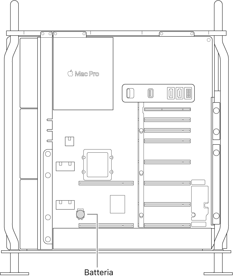 Una vista laterale del Mac Pro aperto che illustra dove è posizionata la batteria a bottone.