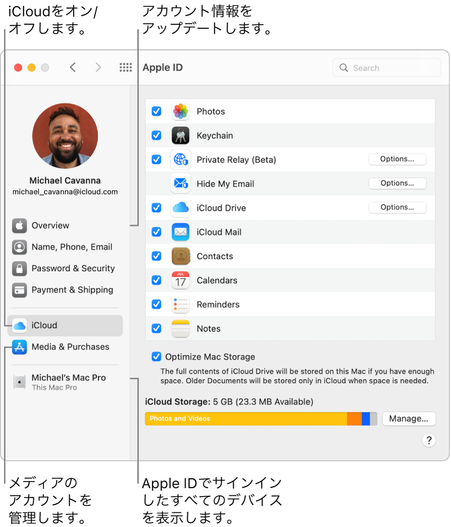 「システム環境設定」の「Apple ID」パネル。サイドバーの項目をクリックして、アカウント情報をアップデートしたり、iCloudのオン/オフを切り替えたり、メディアのアカウントを管理したり、Apple IDでサインインしているすべてのデバイスを確認したりできます。