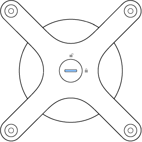 Pro Display XDR displeja aizmugurē piestiprināts adapteris ar slēdzi horizontālā pozīcijā.