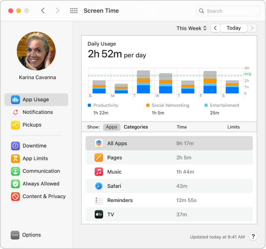 Een Schermtijd-venster met de hoeveelheid tijd die er aan diverse apps is besteed.