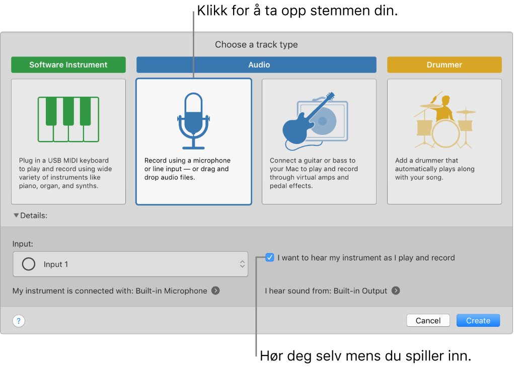 GarageBand-instrumentpanelet som viser hvor du skal klikke for å ta opp en stemme og hvordan du hører deg selv når du tar opp.