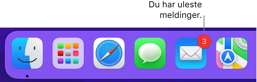 En del av Dock som viser Mail-appsymbolet med et merke som viser antallet uleste meldinger.