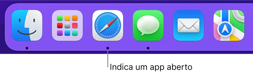 Uma parte do Dock exibindo pontos pretos abaixo dos apps abertos.