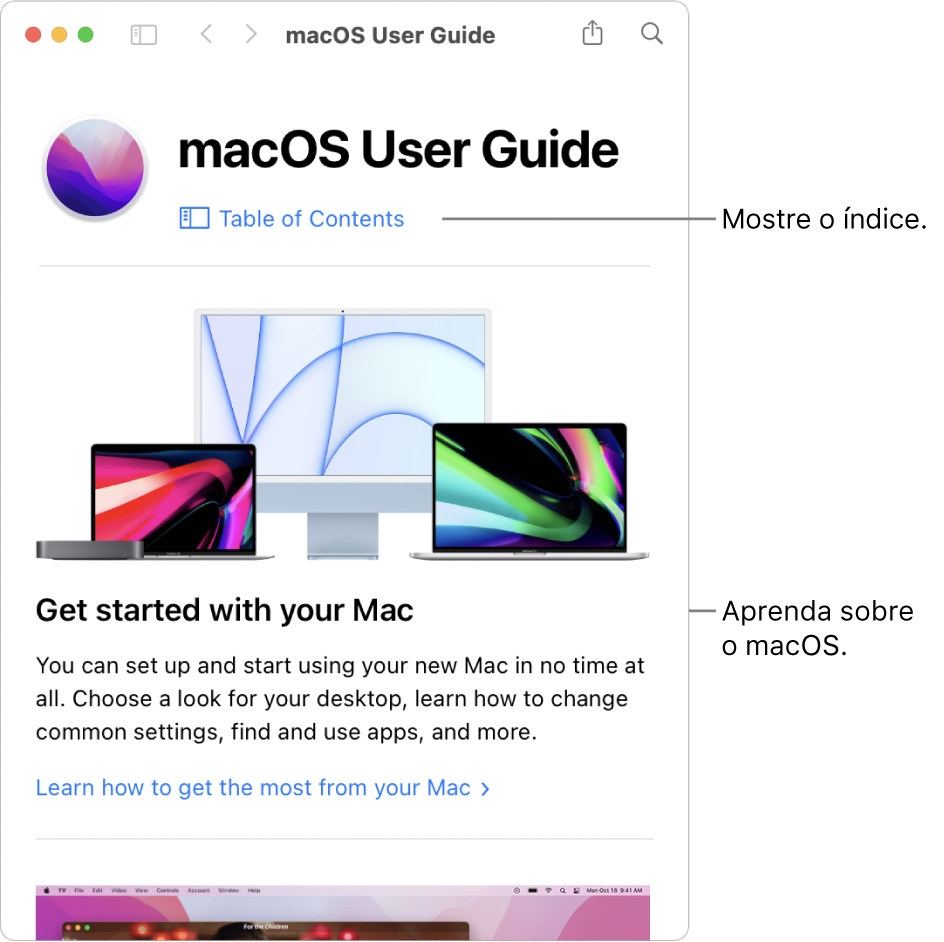 Página de boas-vindas do Manual do Usuário do macOS mostrando o link Índice.