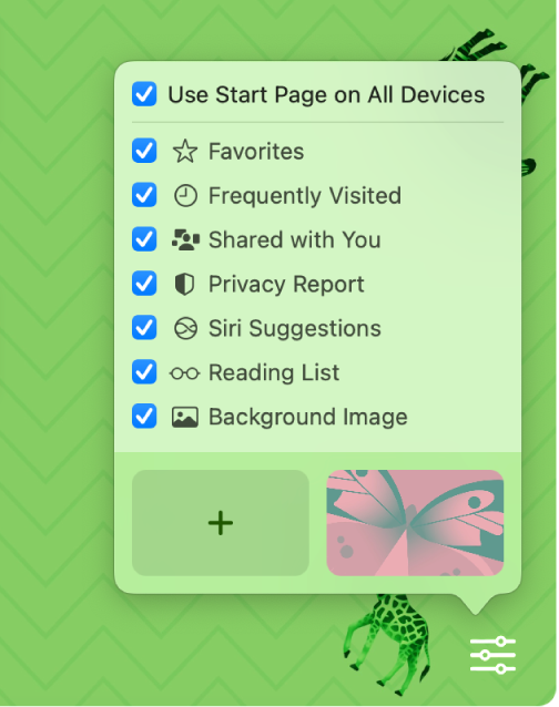 Popupmenyn för anpassning av Safari med kryssrutor för favoriter, ofta besöka, integritetsrapport, Siri-förslag, läslista och bakgrundsbild.