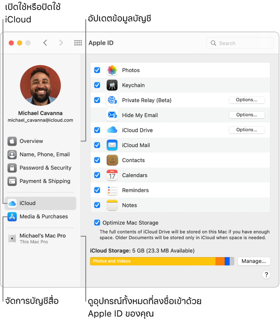 บานหน้าต่าง Apple ID ในการตั้งค่าระบบ คลิกที่รายการในแถบด้านข้างเพื่ออัปเดตข้อมูลบัญชีของคุณ, เปิดใช้หรือปิดใช้ iCloud, จัดการบัญชีสื่อ และดูอุปกรณ์ทุกเครื่องที่ลงชื่อเข้าด้วย Apple ID ของคุณ