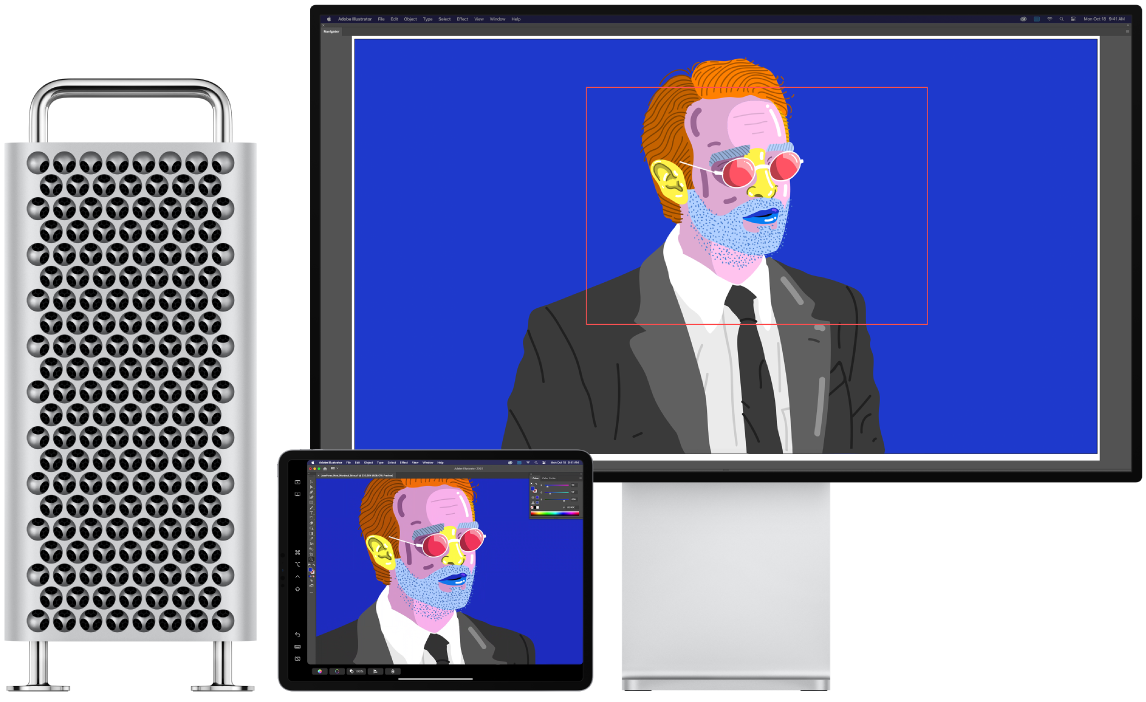 Mac Pro และ iPad ตั้งอยู่ข้างกัน Mac Pro แสดงงานศิลปะที่อยู่ในหน้าต่างการนำทางของ Illustrator iPad แสดงงานศิลปะเดียวกันในหน้าต่างเอกสารของ Illustrator และมีแถบเครื่องมืออยู่รอบๆ