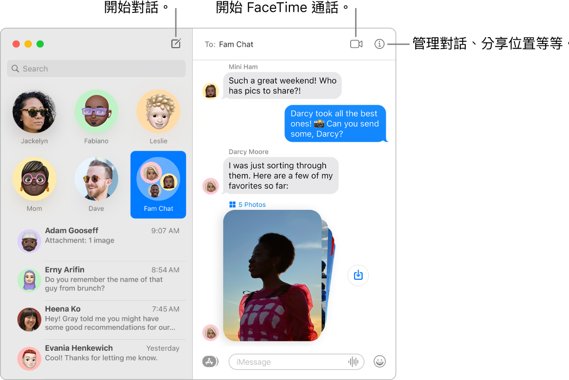 「訊息」視窗，顯示如何開始對話以及如何開始 FaceTime 通話。