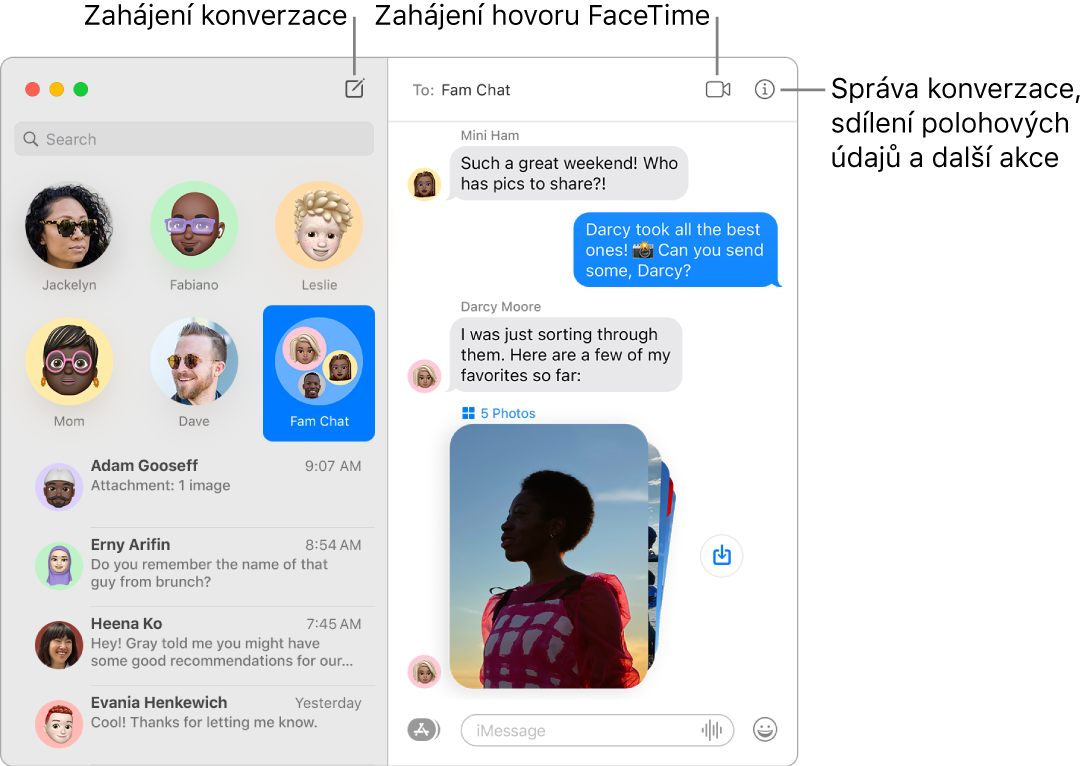 Okno Zprávy s informacemi o tom, jak zahájit konverzaci nebo hovor FaceTime