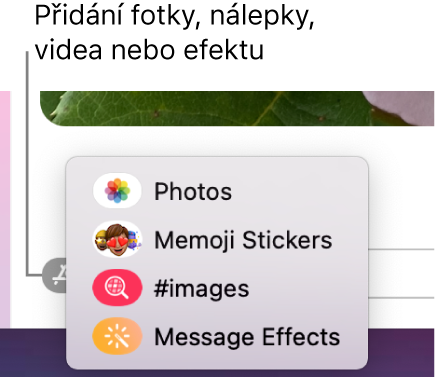 Nabídka Aplikace s volbami pro zobrazení fotek, nálepek s memoji, GIFů a efektů ve zprávách.