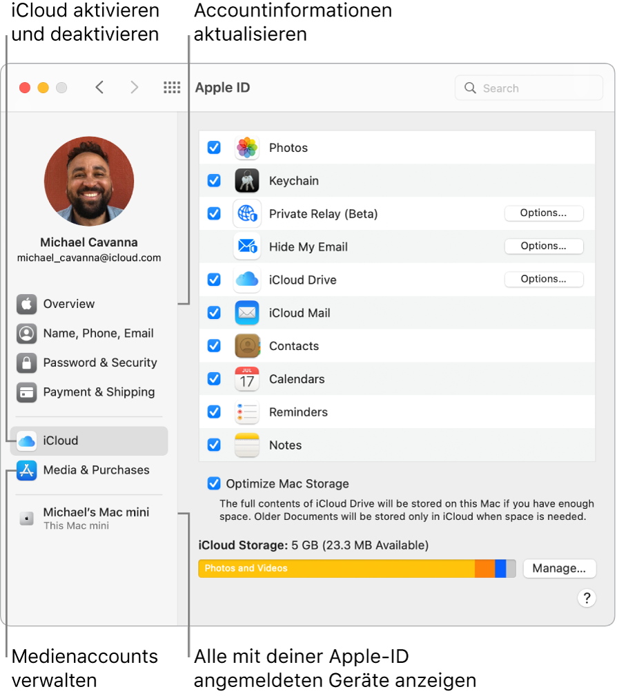 Der Bereich „Apple-ID“ der Systemeinstellungen. Klicke auf ein Objekt in der Seitenleiste, um deine Accountinformationen zu aktualisieren, iCloud zu aktivieren oder zu deaktivieren, Medienaccounts zu verwalten und alle mit deiner Apple-ID angemeldeten Geräte anzuzeigen.