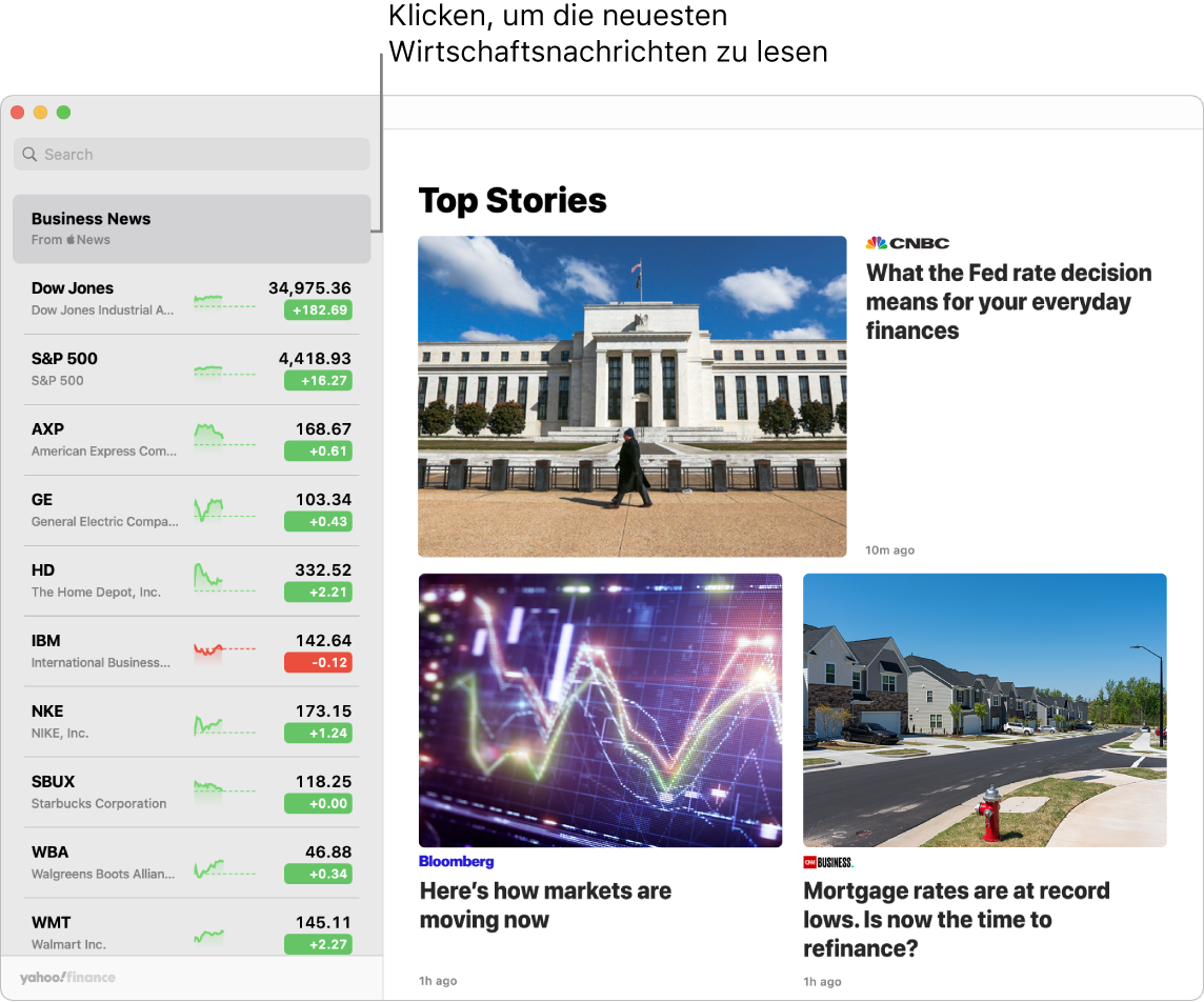 Das Aktien-Dashboard zeigt Marktpreise in einer Aktienliste mit zugehörigen Topstorys.