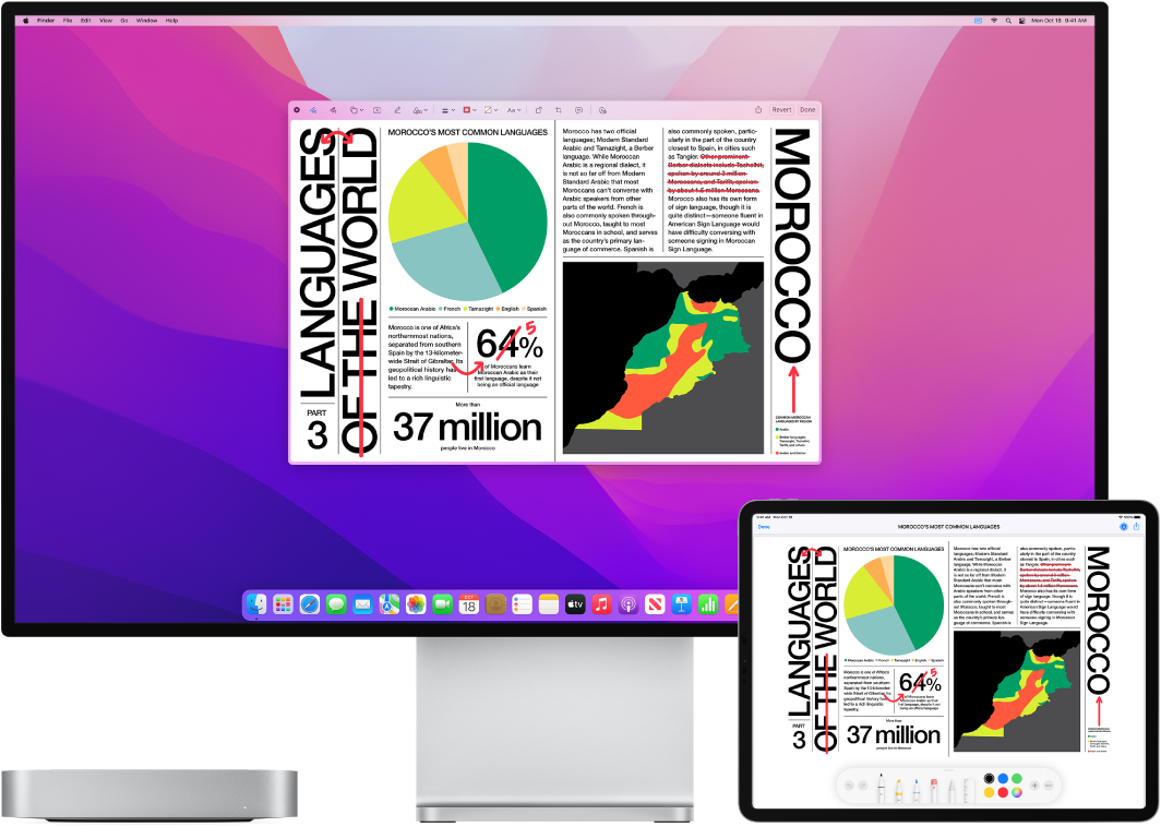 Ένα Mac mini και ένα iPad δίπλα-δίπλα. Και στις δύο οθόνες εμφανίζεται ένα άρθρο που καλύπτεται με χειρόγραφες αλλαγές σε κόκκινο χρώμα, όπως διαγραμμένες προτάσεις, βέλη και λέξεις που έχουν προστεθεί. Στο iPad, εμφανίζονται επίσης χειριστήρια σήμανσης στο κάτω μέρος της οθόνης.