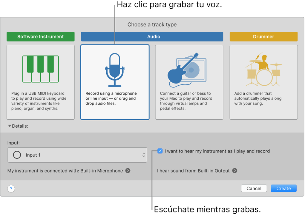 Panel de instrumentos de GarageBand mostrando dónde hacer clic para grabar voz y cómo escucharte a ti mismo mientras grabas.